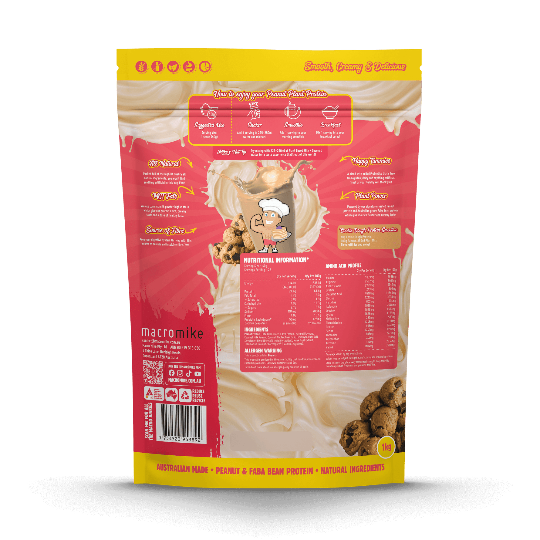 Macro Mike Peanut Plant Protein Cookie Dough 1kg supplement facts and nutrition panel