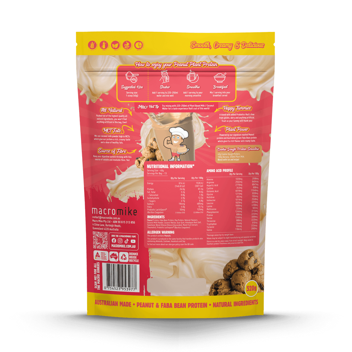 Macro Mike Peanut Plant Protein Cookie Dough 520g supplement facts and nutrition panel