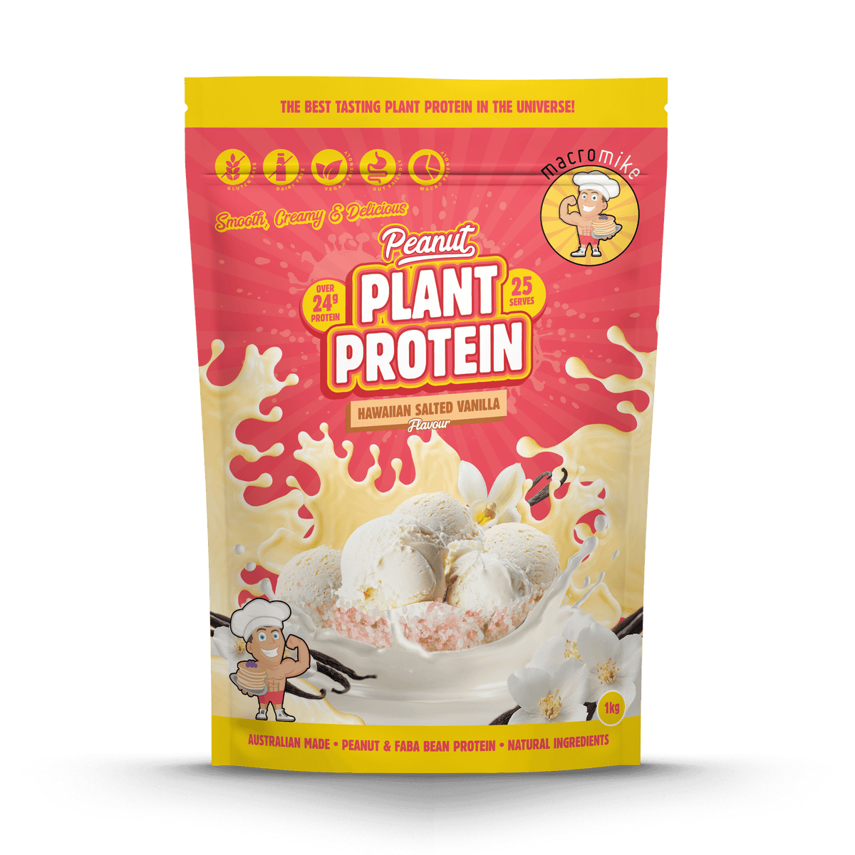 Macro Mike Peanut Plant Protein Hawaiian Salted Vanilla 1kg protein powder, front, NZ Supps