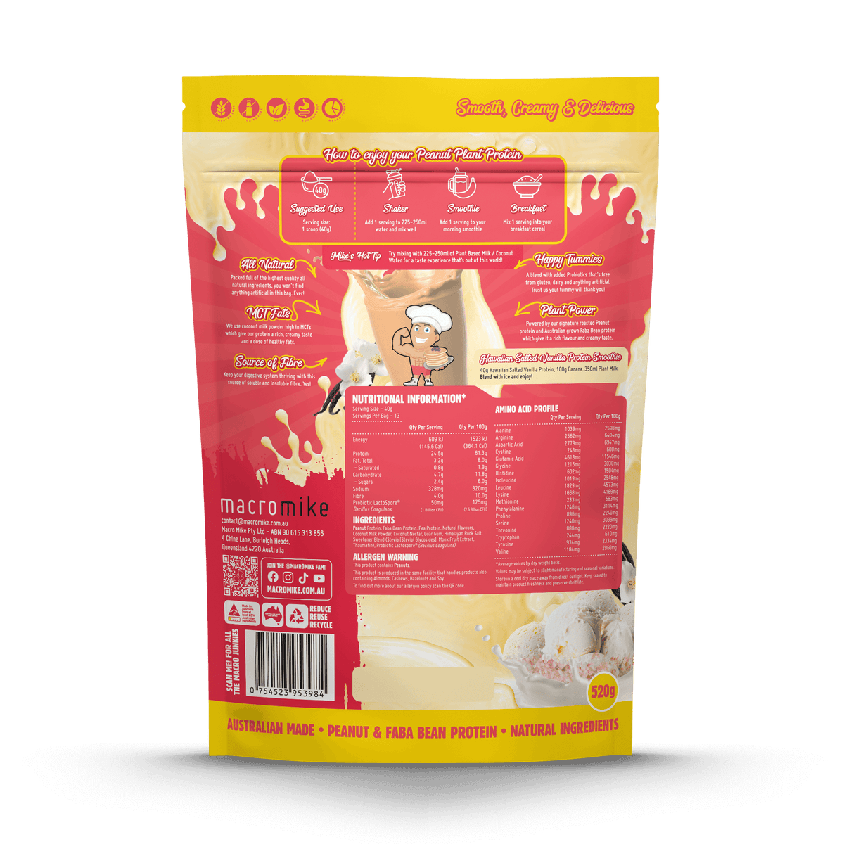 Macro Mike Peanut Plant Protein Hawaiian Salted Vanilla 520g supplement facts and nutrition panel