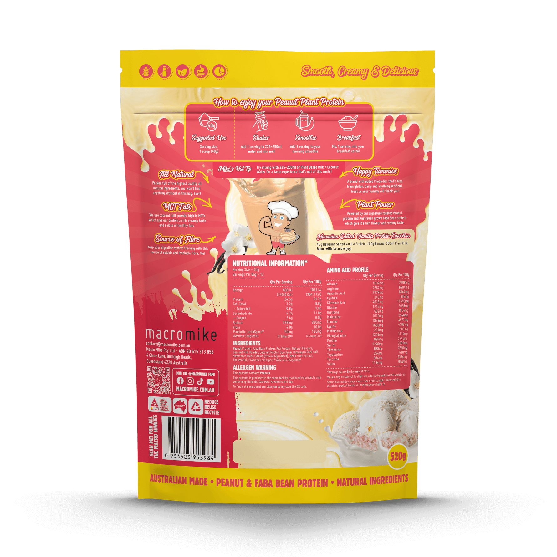 Macro Mike Peanut Plant Protein Hawaiian Salted Vanilla 520g supplement facts and nutrition panel