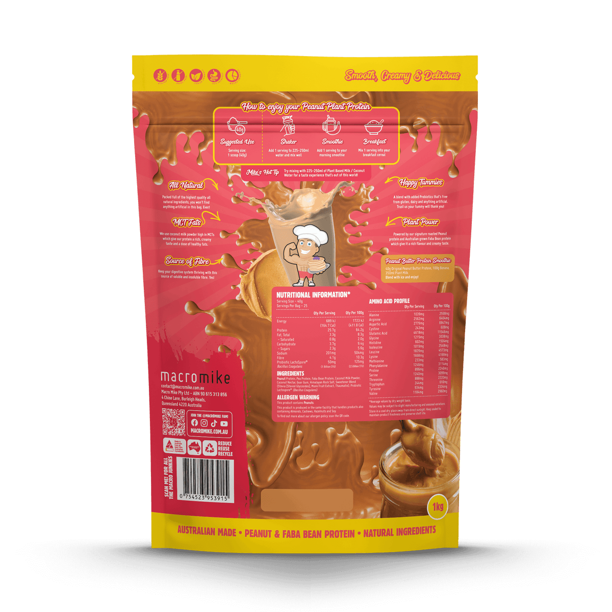 Macro Mike Peanut Plant Protein Original Peanut Butter 1kg supplement facts and nutrition panel