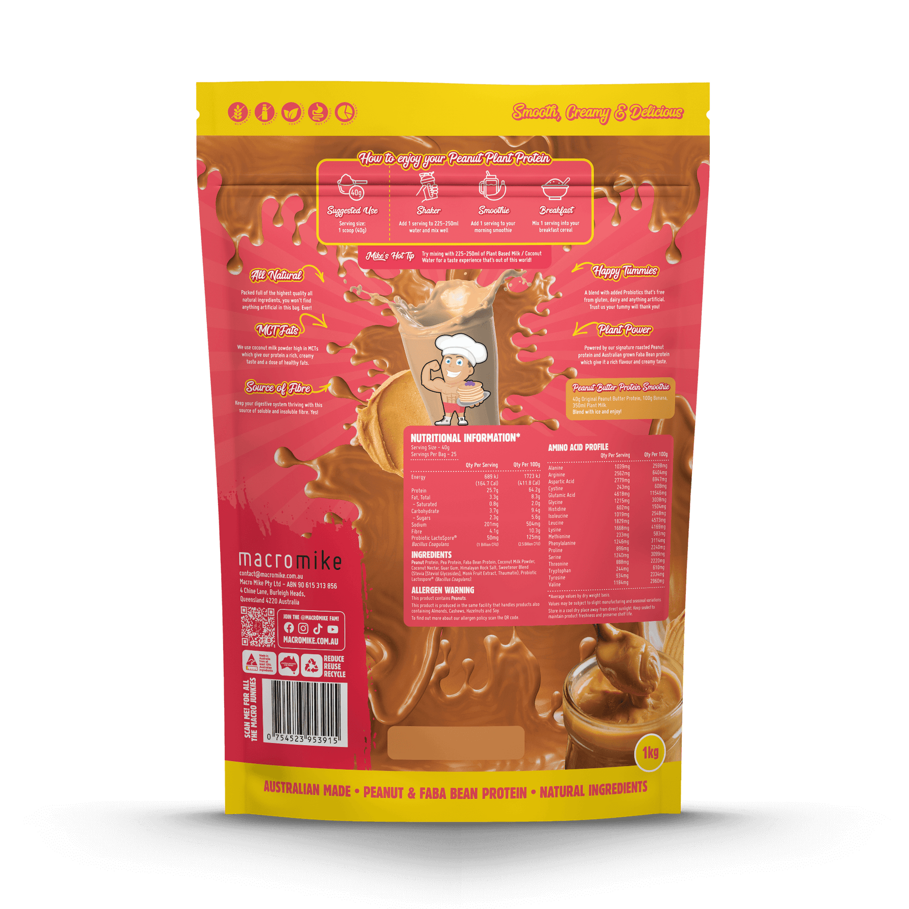Macro Mike Peanut Plant Protein Original Peanut Butter 1kg supplement facts and nutrition panel