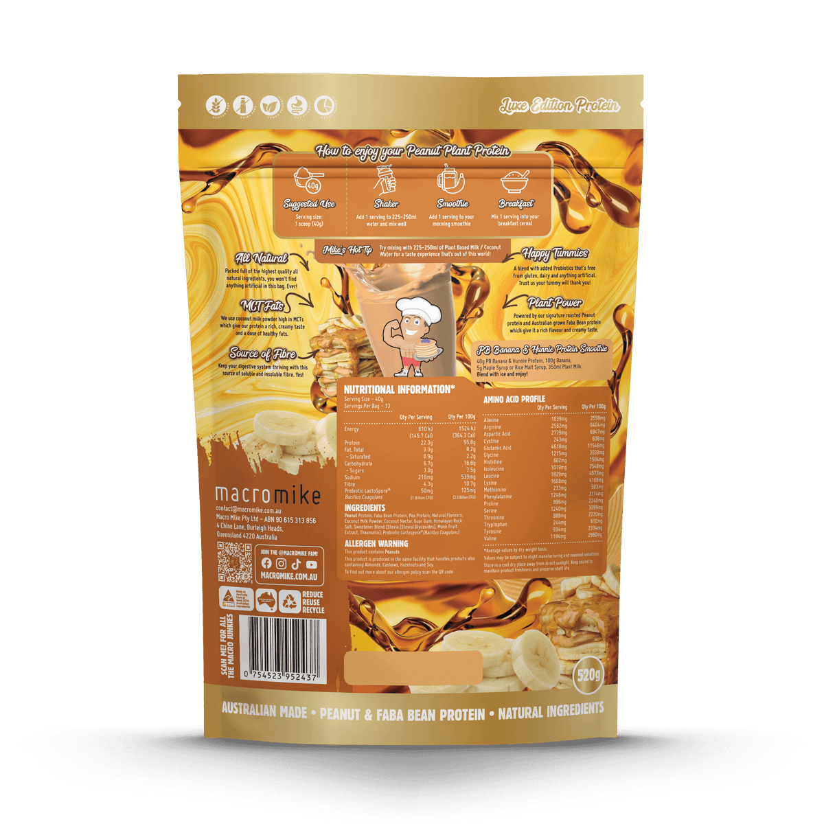 Macro Mike Luxe Peanut Plant Protein PB Banana Hunnie 520g back