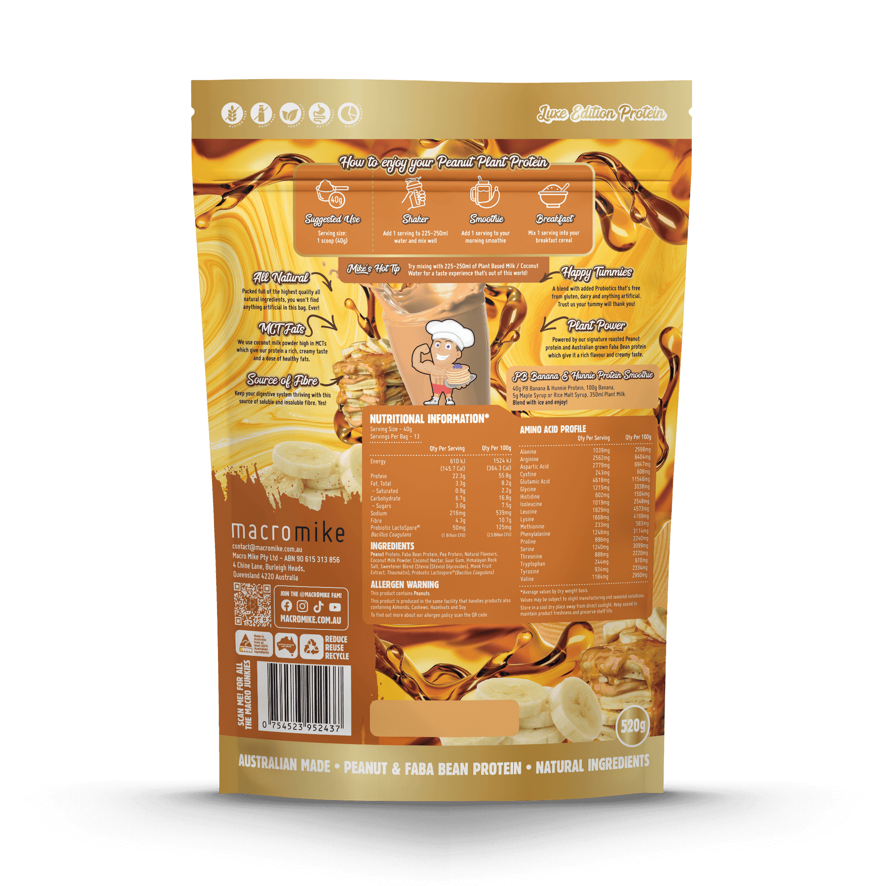 Macro Mike Luxe Peanut Plant Protein PB Banana Hunnie 520g back