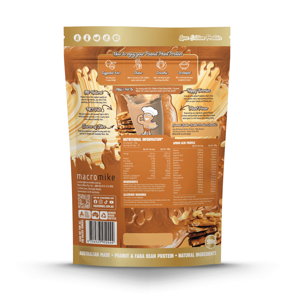 Macro Mike Luxe Peanut Plant Protein Peanut Butter Brittle 520g back