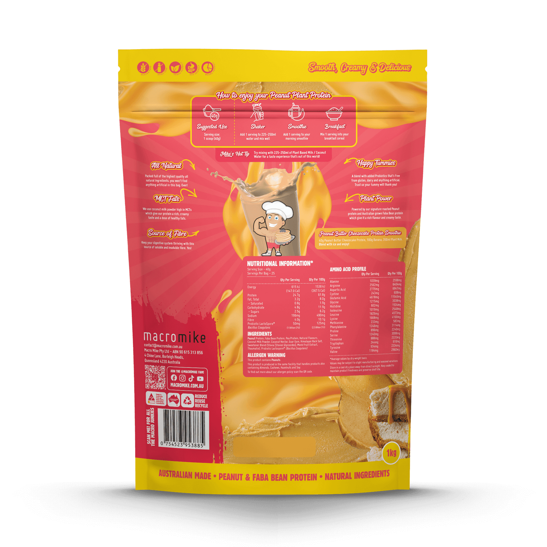 Macro Mike Peanut Plant Protein Peanut Butter Cheezecake 1kg supplement facts and nutrition panel