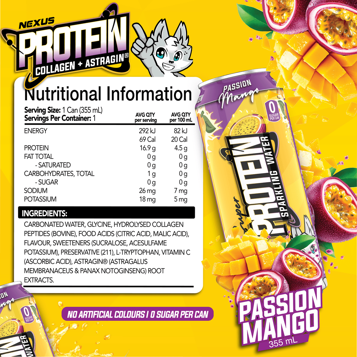 Nexus Super Protein Sparkling Water Passion Mango supplement facts and nutrition panel
