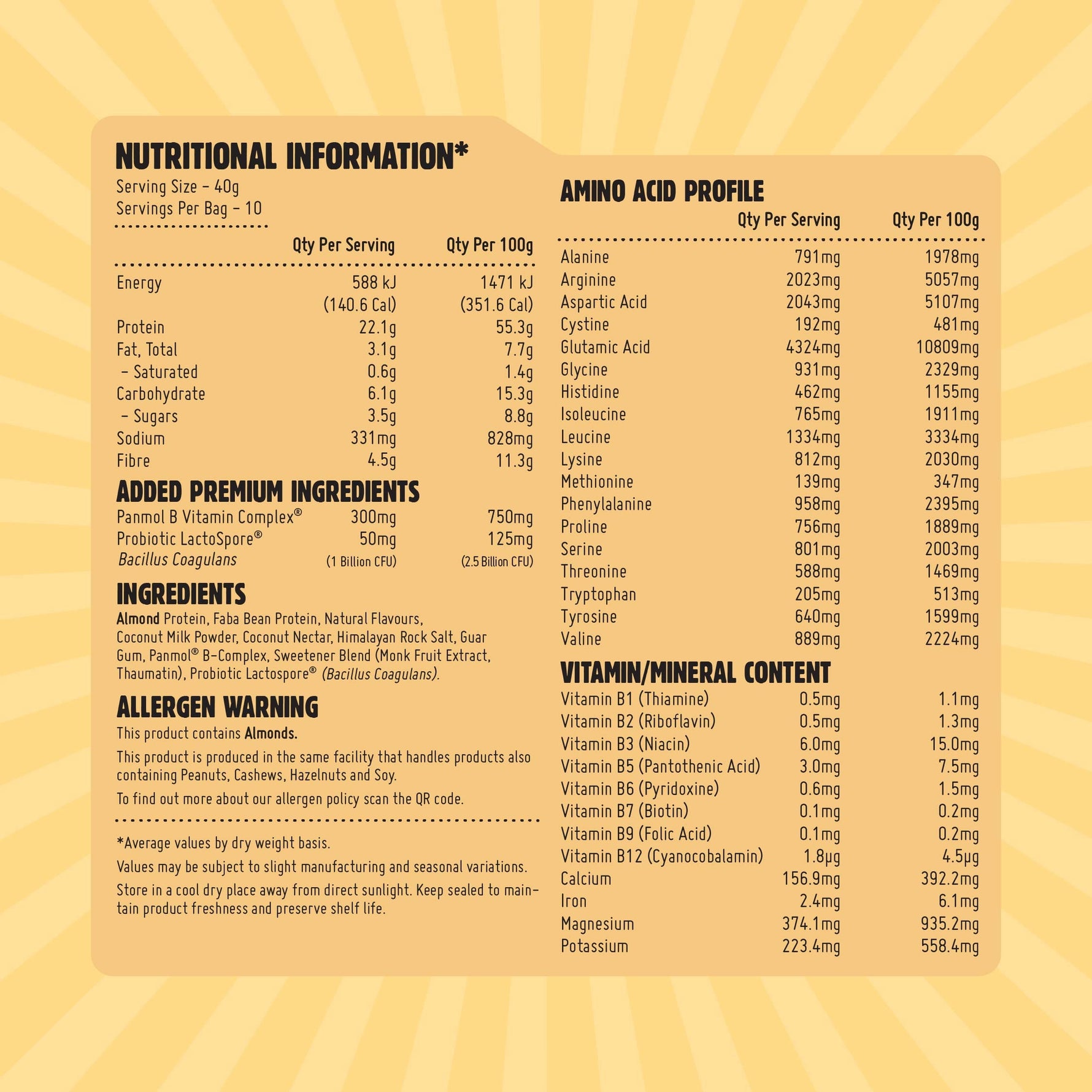 Macro Mike Luxe Almond Protein Caramelised White Chocolate supplement facts and nutrition panel