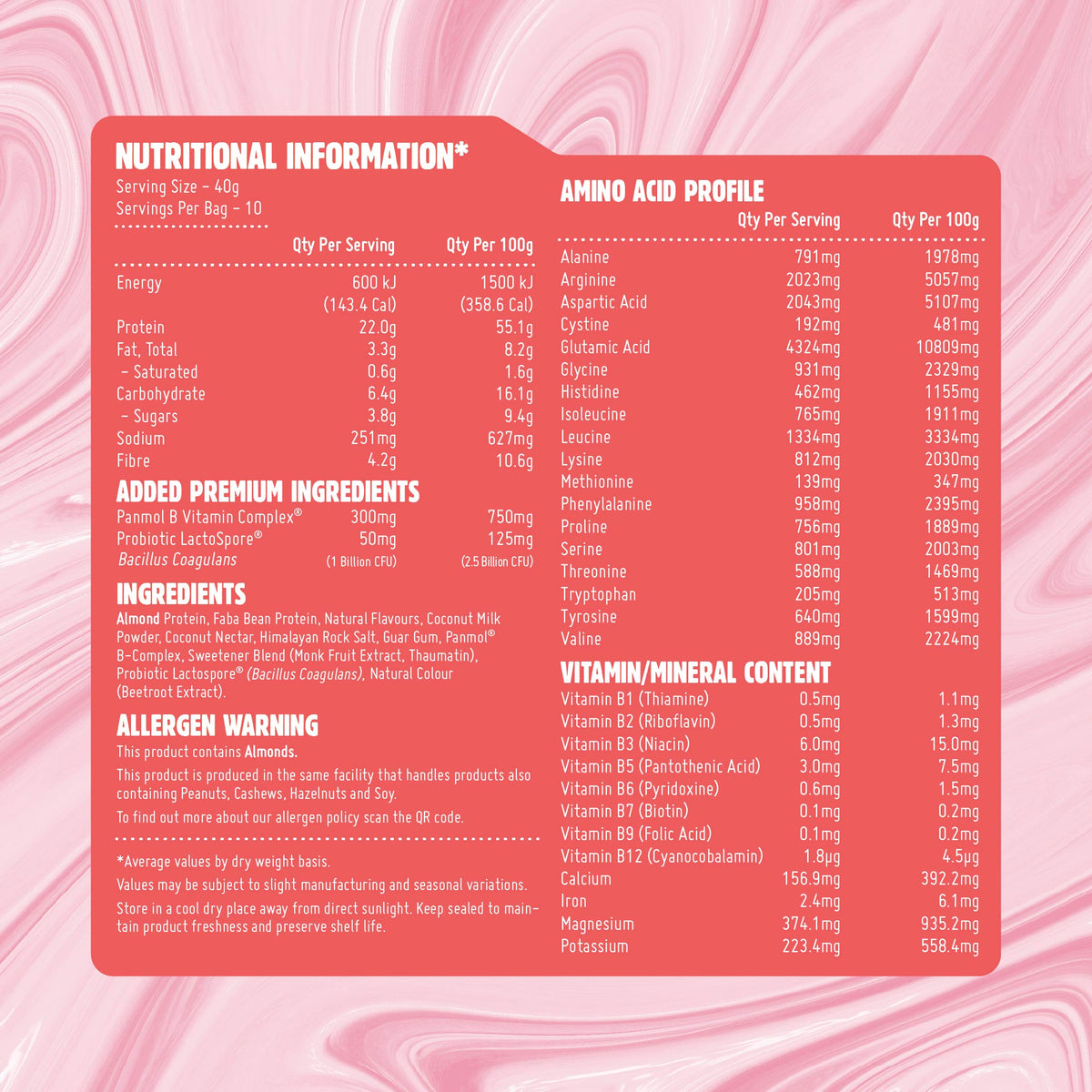 Macro Mike Luxe Almond Protein Strawberry Thickshake supplement facts and nutrition panel