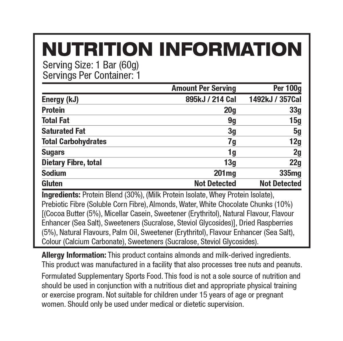 Quest Bar White Choc Rasp nutrition panel