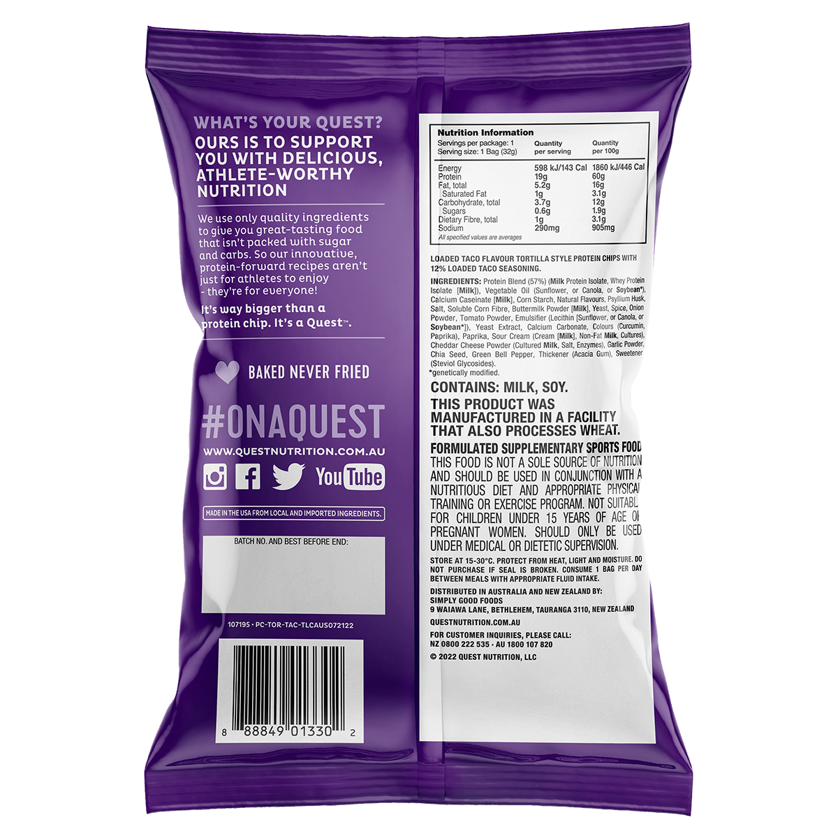 Quest Quest Tortilla Protein Chips nacho cheese back of pack