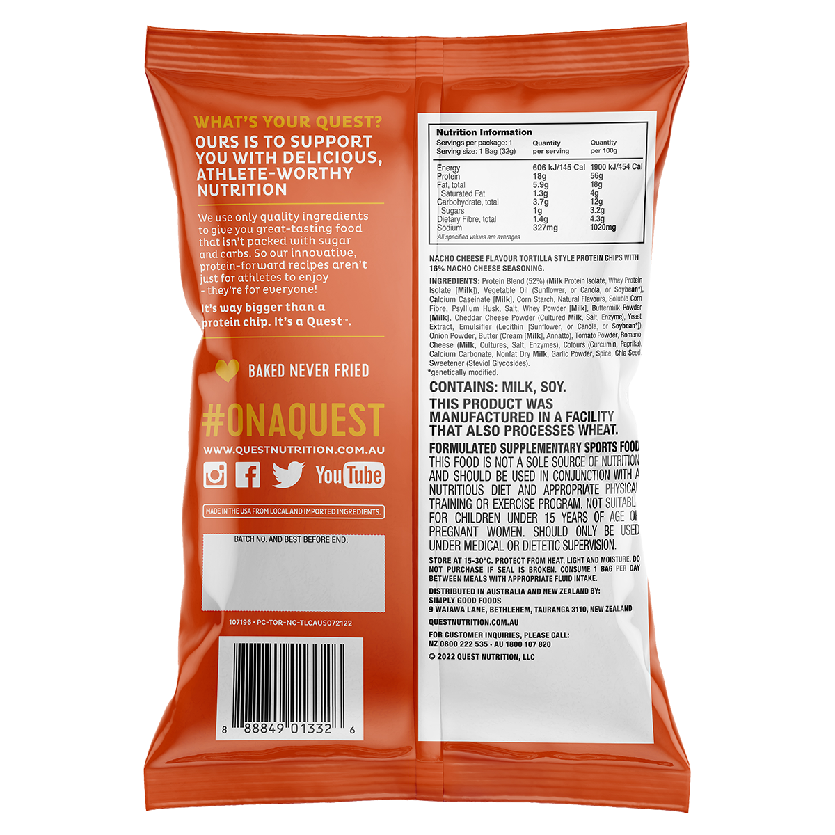 Quest Tortilla Protein Chips Nacho Cheese supplement facts and nutrition panel