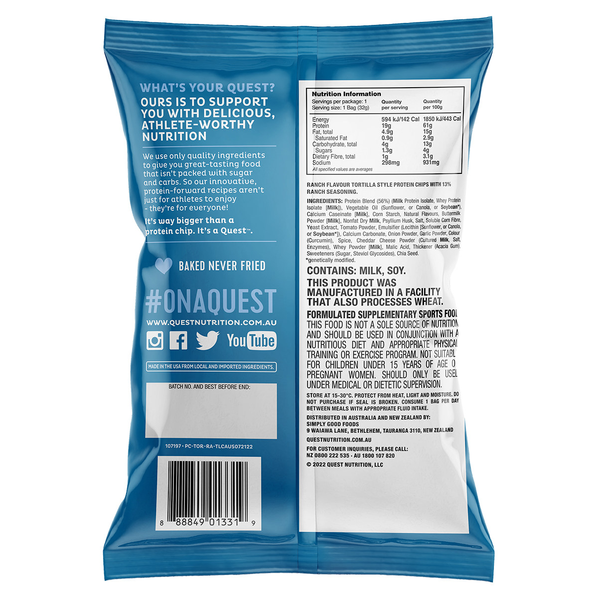 Quest Tortilla Protein Chips Ranch supplement facts and nutrition panel