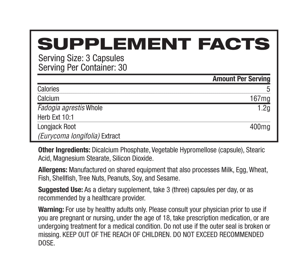 Raw Nutrition Signal supplement facts and nutrition panel