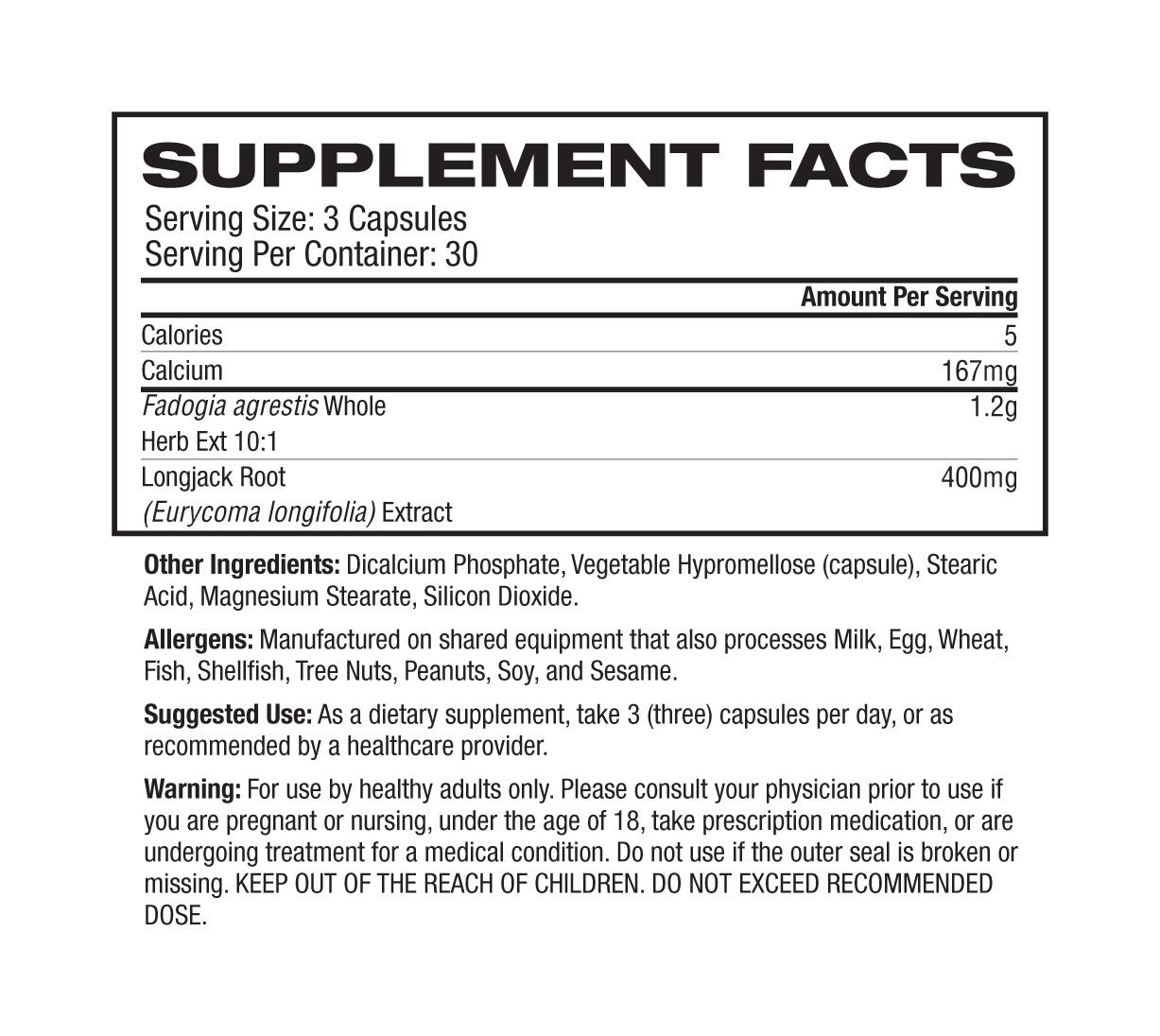 Raw Nutrition Signal supplement facts and nutrition panel