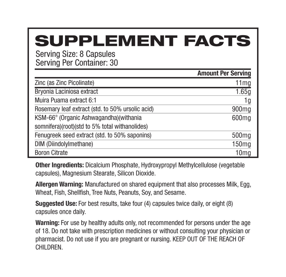 Raw Nutrition Test supplement facts and nutrition panel