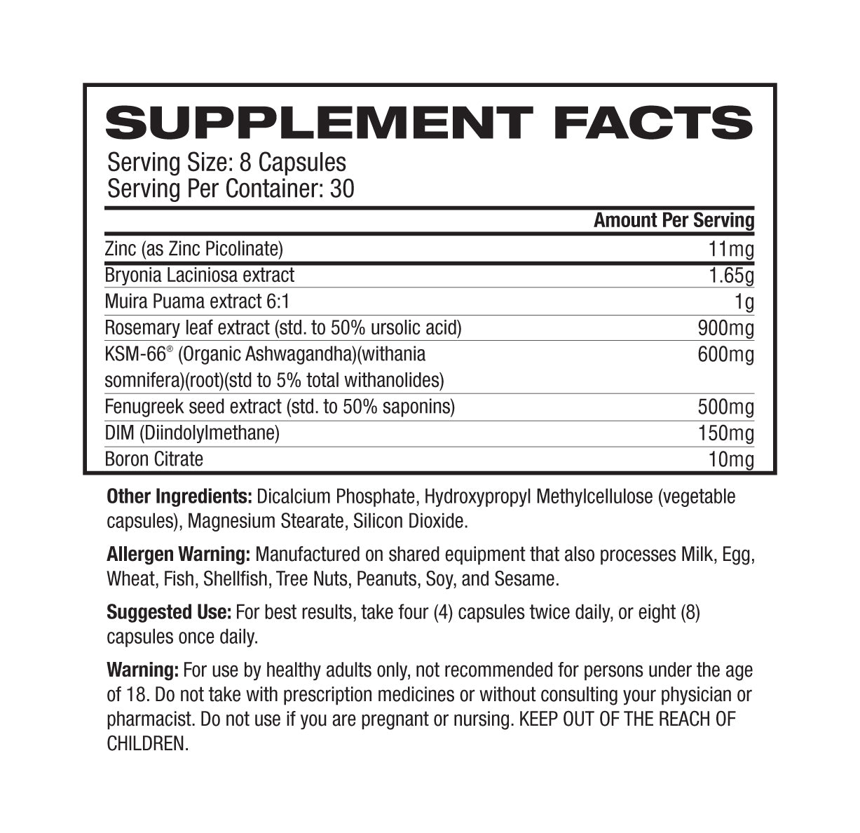 Raw Nutrition Test supplement facts and nutrition panel