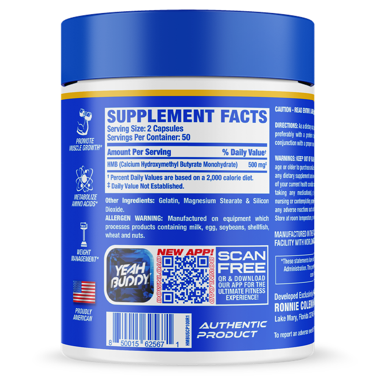 Ronnie Coleman HMB XS supplement facts and nutrition panel