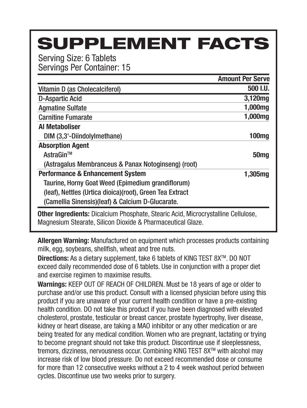 Ronnie Coleman King Test supplement facts and nutrition panel