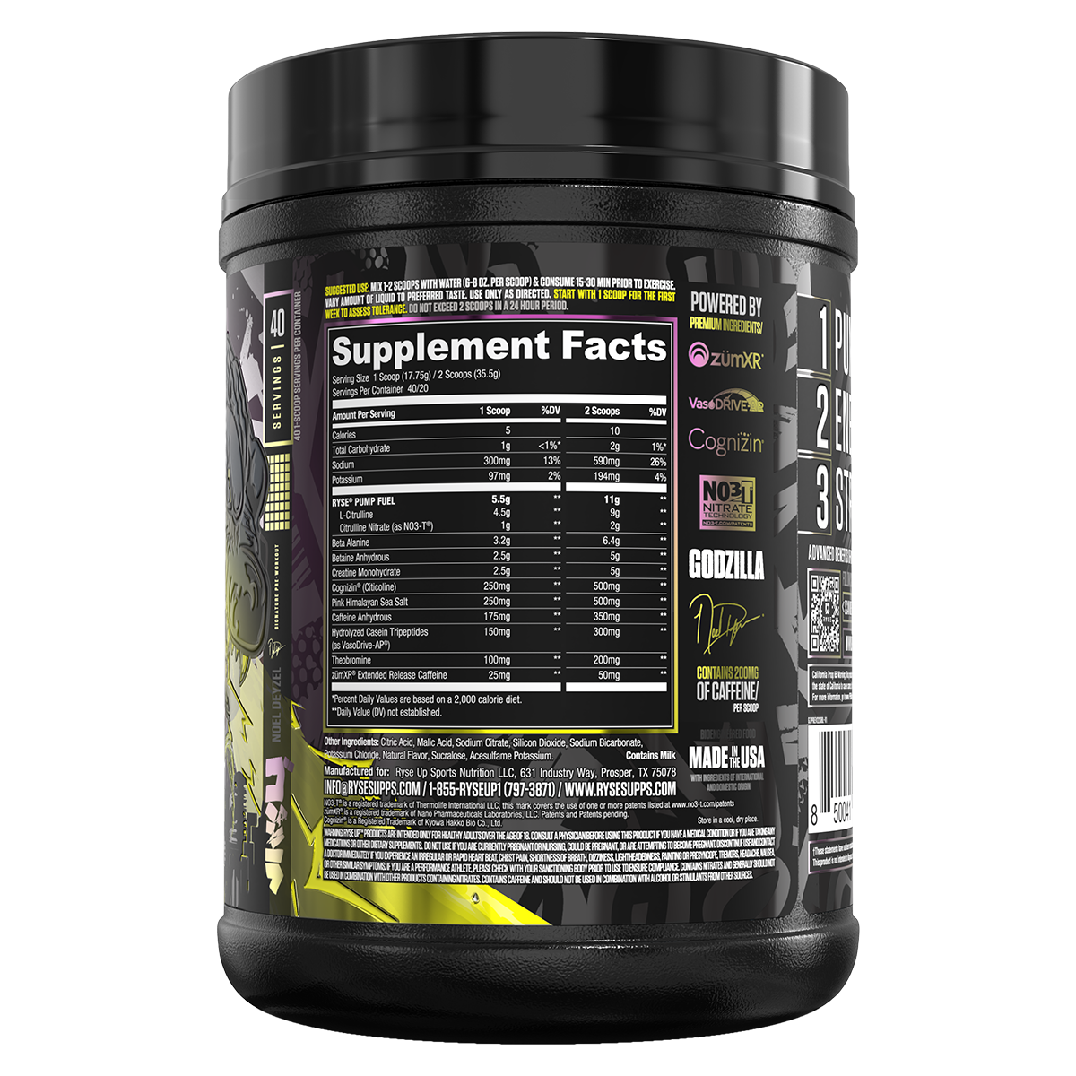 Ryse Godzilla Pre Workout Blackberry Lemonade supplement facts and nutrition panel