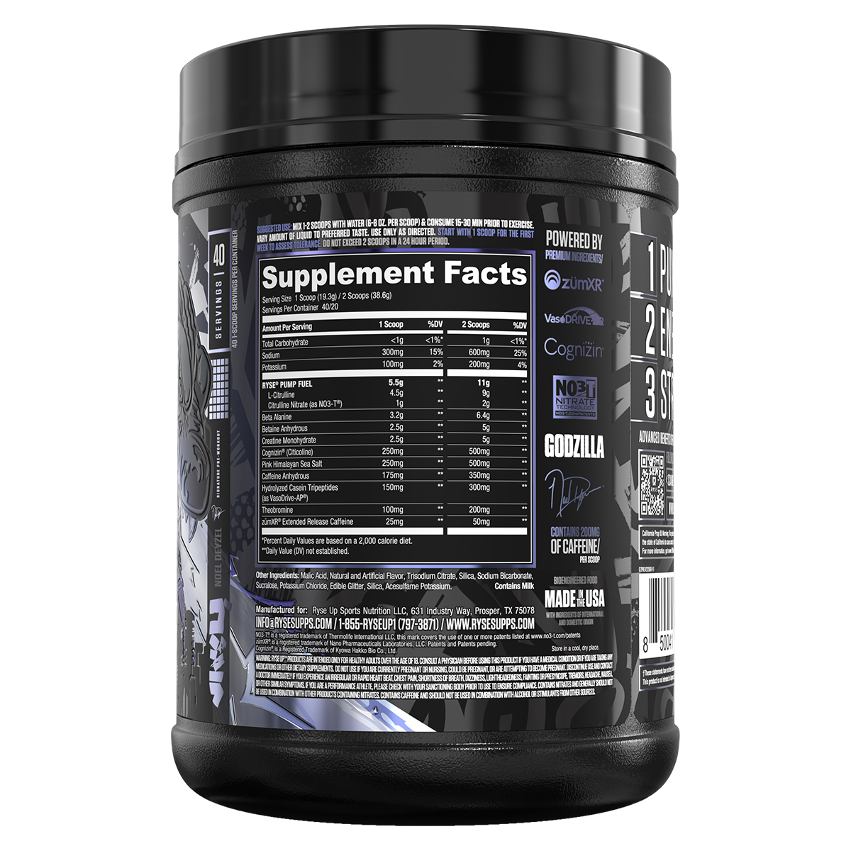 Ryse Godzilla Pre Workout Blue Raspberry supplement facts and nutrition panel