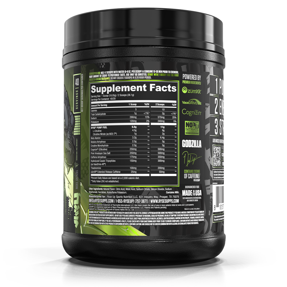 Ryse Godzilla Pre Workout Green Apple supplement facts and nutrition panel