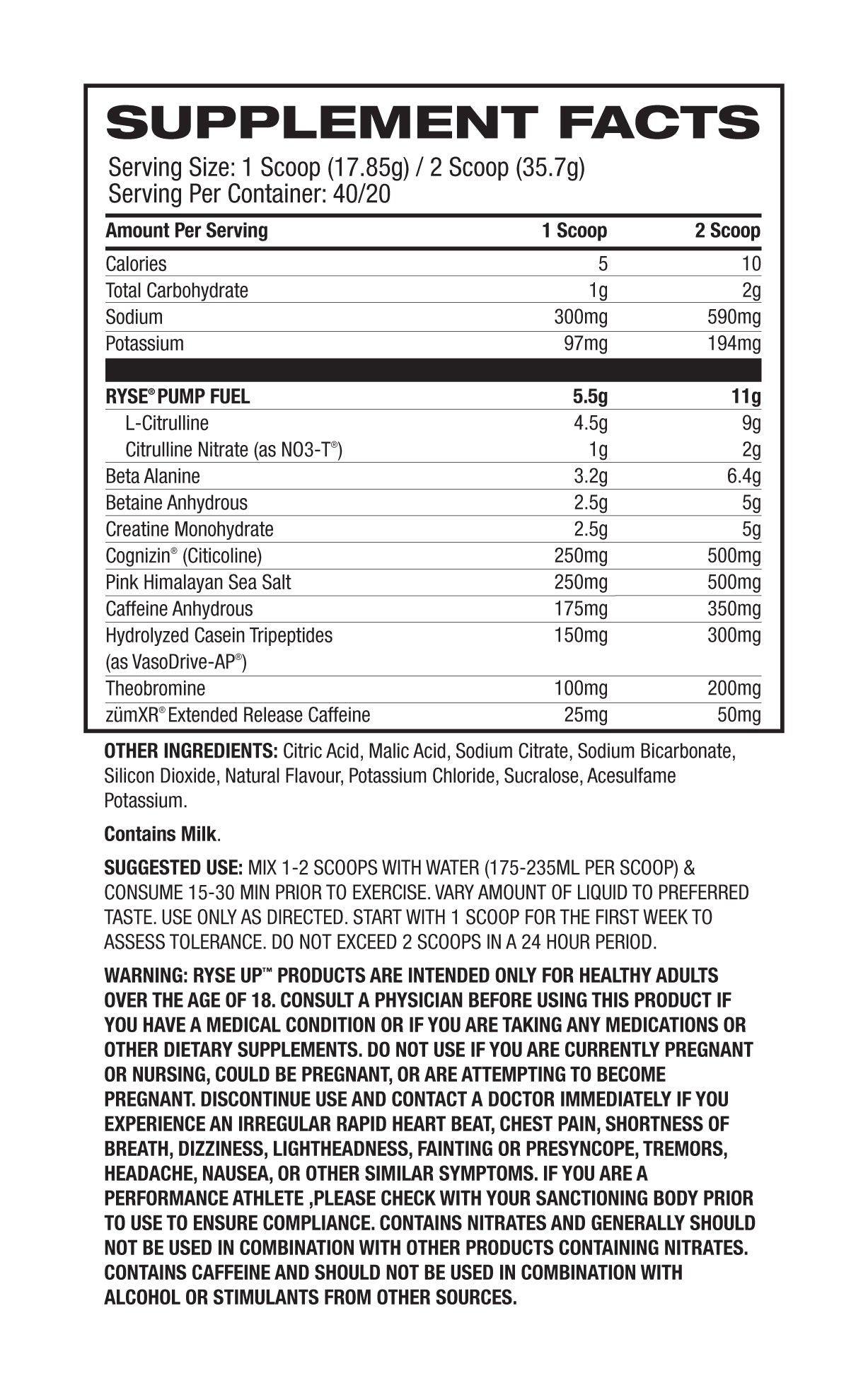 Ryse Godzilla Pre-Workout Passion Pineapple nutrition panel