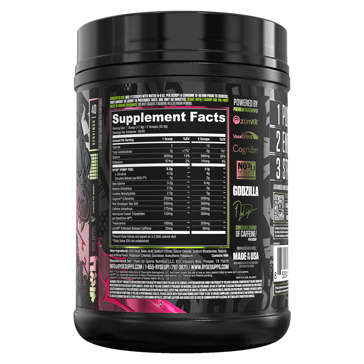 Ryse Godzilla Pre Workout Strawberry Kiwi supplement facts and nutrition panel