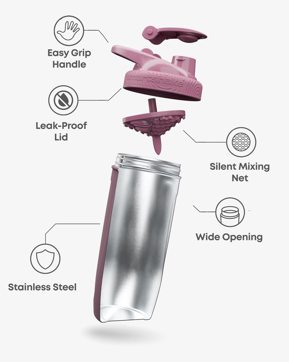 SmartShake Reforce Stainless Steel Deep Rose exploded diagram showing easy grip handle, leak-proof lid and silent mixing net