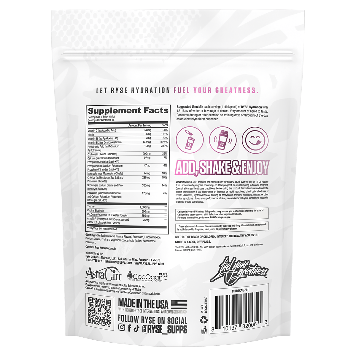 Ryse Core Hydration Kool Aid Kool Aid Grape supplement facts and nutrition panel