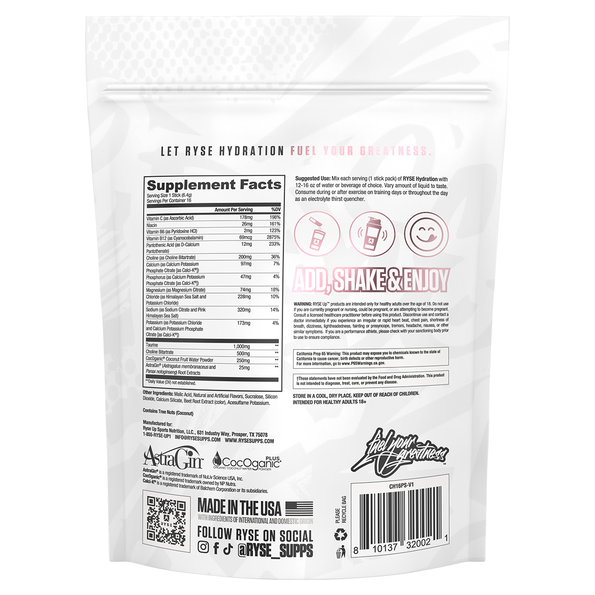 Ryse Core Hydration Kool Aid Pink Splash supplement facts and nutrition panel