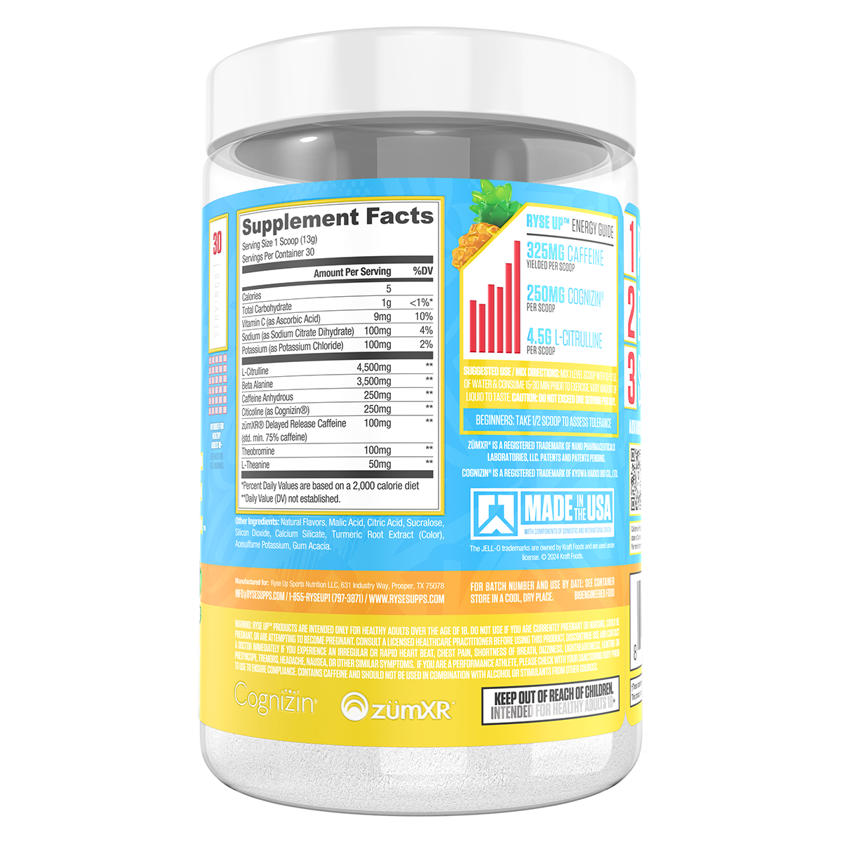 Ryse Loaded Pre Workout Jell O Island Pineapple supplement facts and nutrition panel