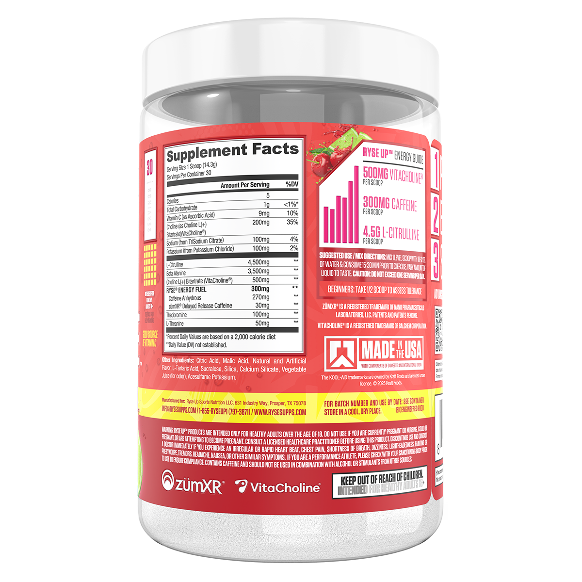 Ryse Loaded Pre Workout Kool Aid Cherry Lemonade supplement facts and nutrition panel