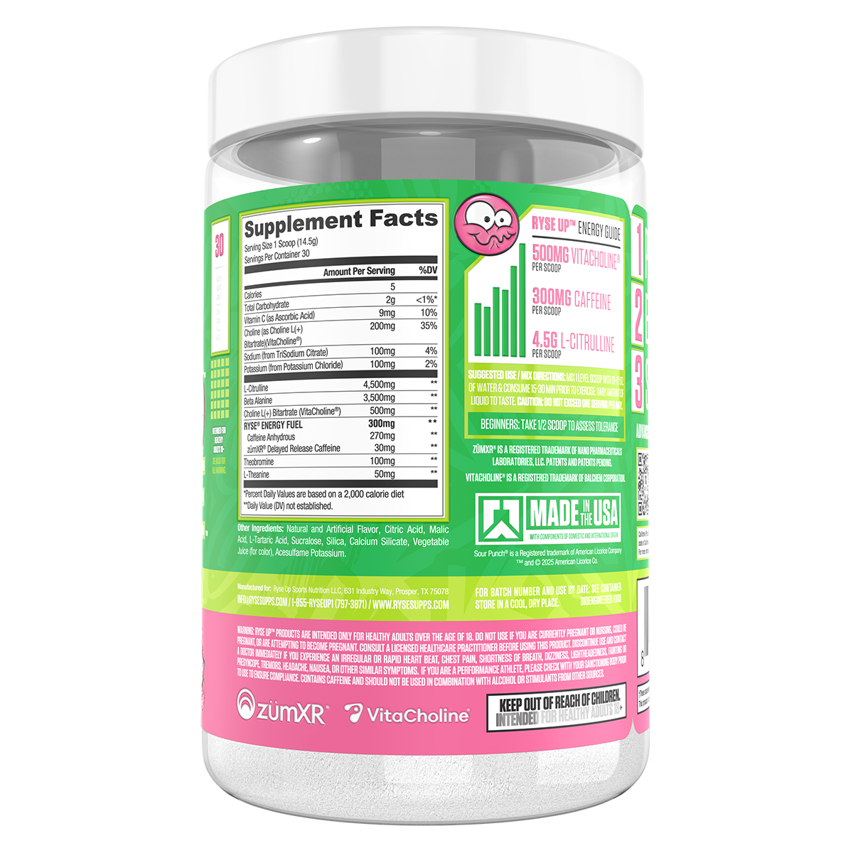 Ryse Loaded Pre Workout Sour Punch Sour Watermelon supplement facts and nutrition panel