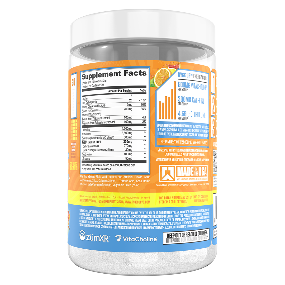 Ryse Loaded Pre Workout Sunnyd Tangy Original supplement facts and nutrition panel