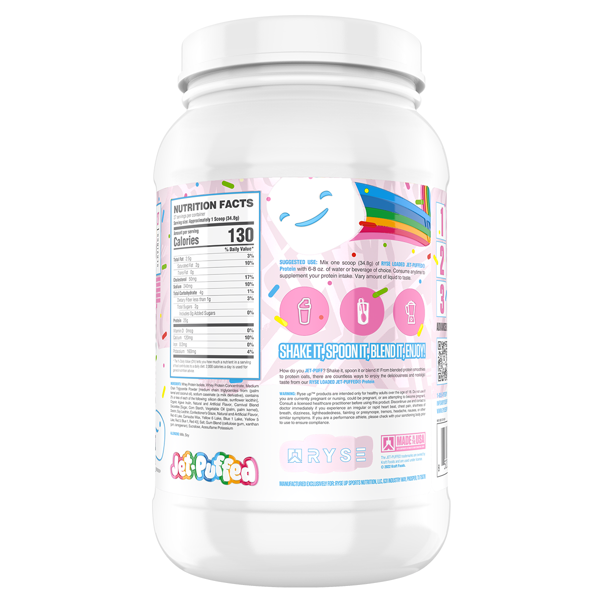Ryse Loaded Protein Jet Puffed Birthday Cake supplement facts and nutrition panel