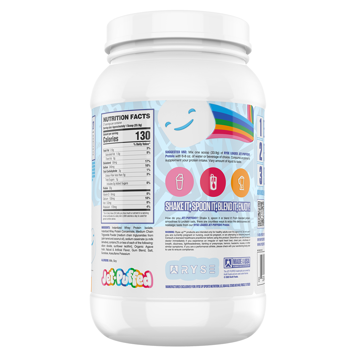 Ryse Loaded Protein Jet Puffed Marshmallow supplement facts and nutrition panel