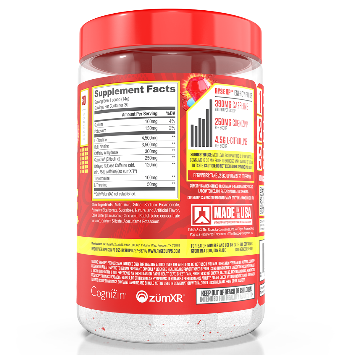 Ryse Loaded Pre Workout Ring Pop Cherry supplement facts and nutrition panel