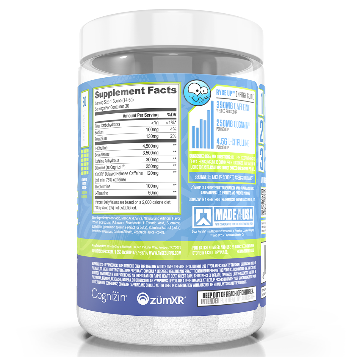 Ryse Loaded Pre Workout Sour Punch Blue Raz supplement facts and nutrition panel