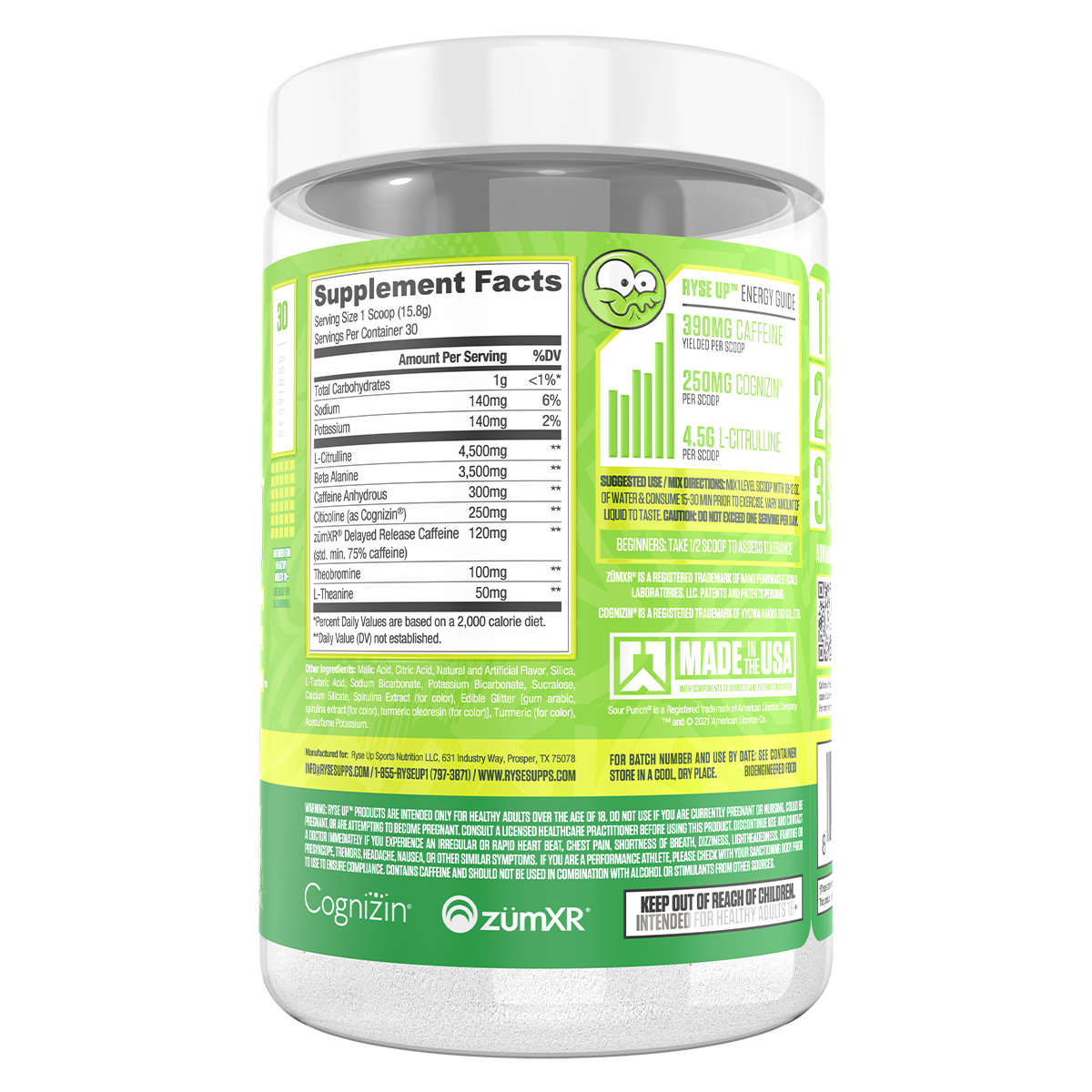 Ryse Loaded Pre Workout Sour Punch Green Apple supplement facts and nutrition panel