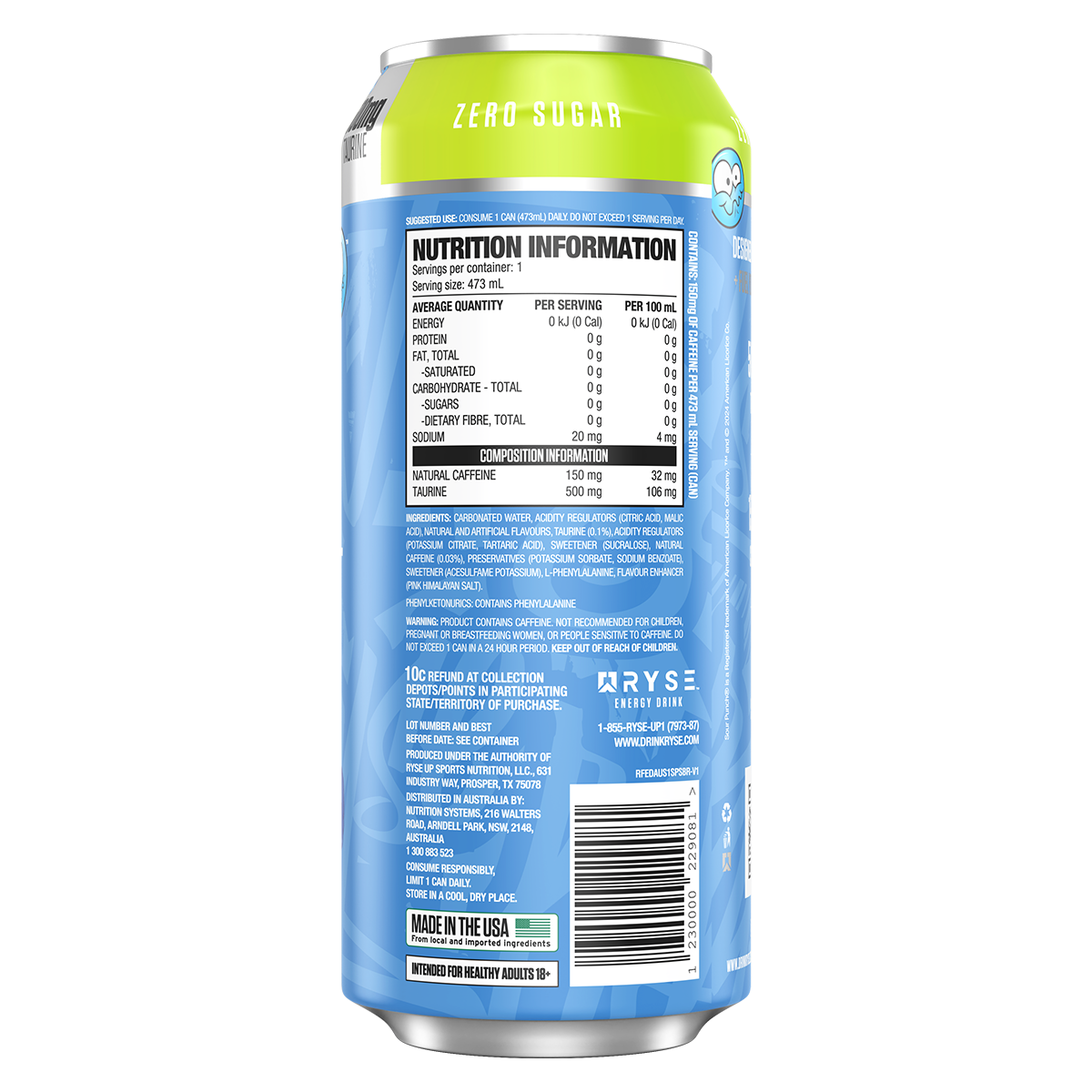 Ryse Ryse Fuel Energy Drink blue razz nutrition panel
