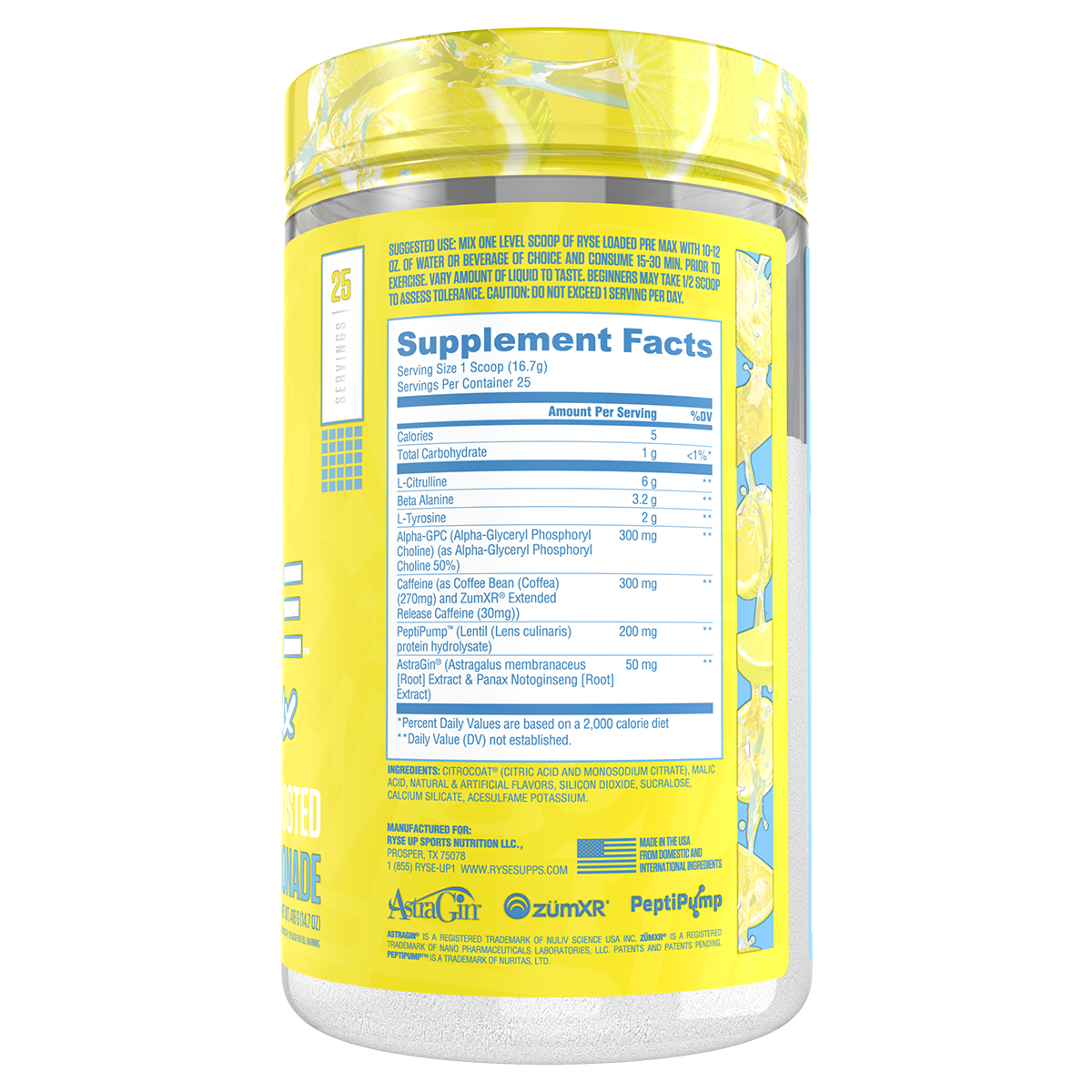 Ryse Loaded Pre Max Frosted Lemonade supplement facts and nutrition panel