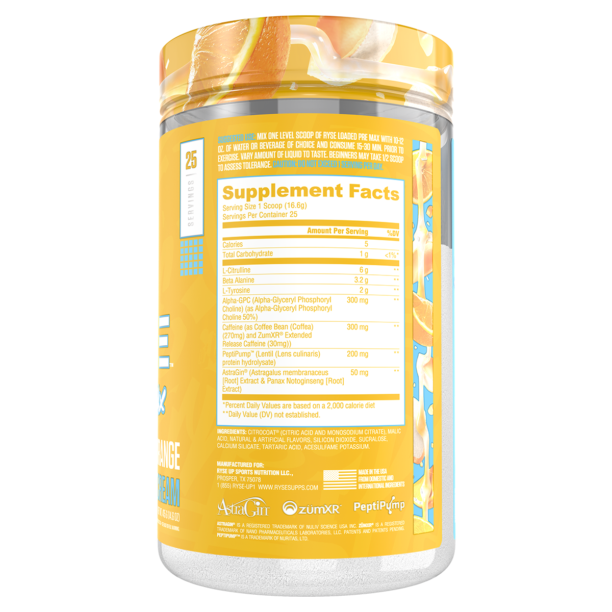 Ryse Loaded Pre Max Orange Cream supplement facts and nutrition panel