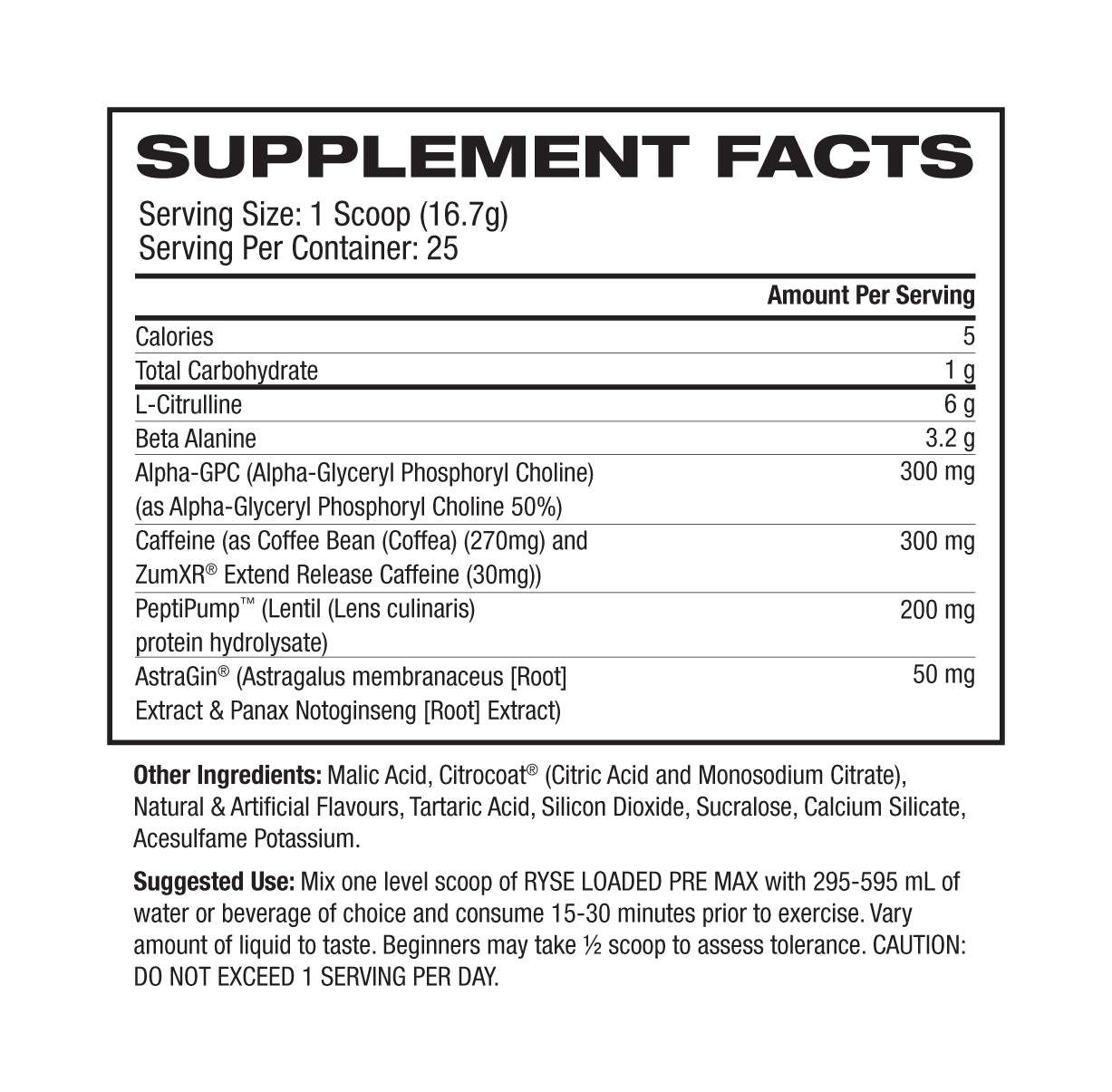 Ryse Loaded Pre Max Blue Razz Slush supplement facts and nutrition panel