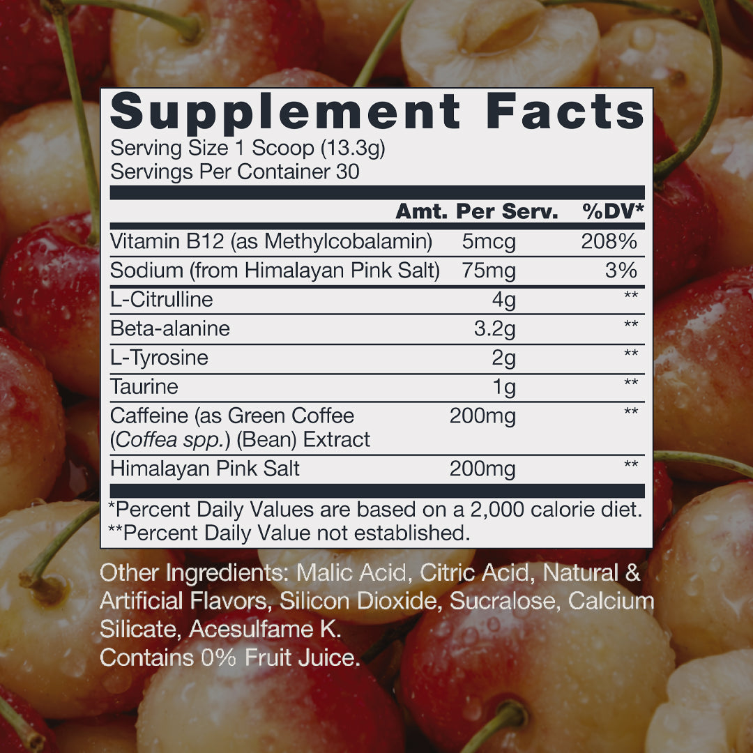 Raw Nutrition Essential Pre-Workout White Cherry supplement facts and nutrition panel