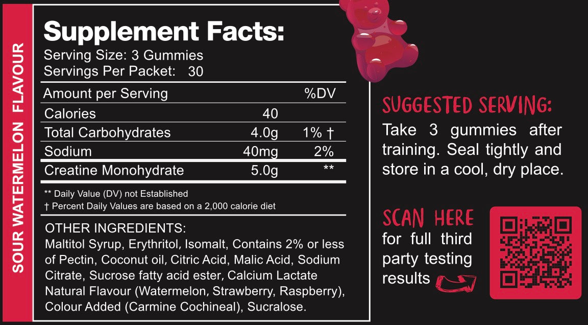 Swoleys Sour Creatine Gummy Bears Watermelon (30 Serves) nutrition panel