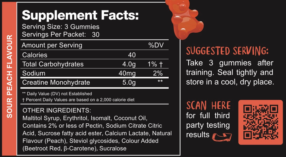 Swoleys Sour Creatine Gummy Bears Peach (30 Serves) nutrition panel