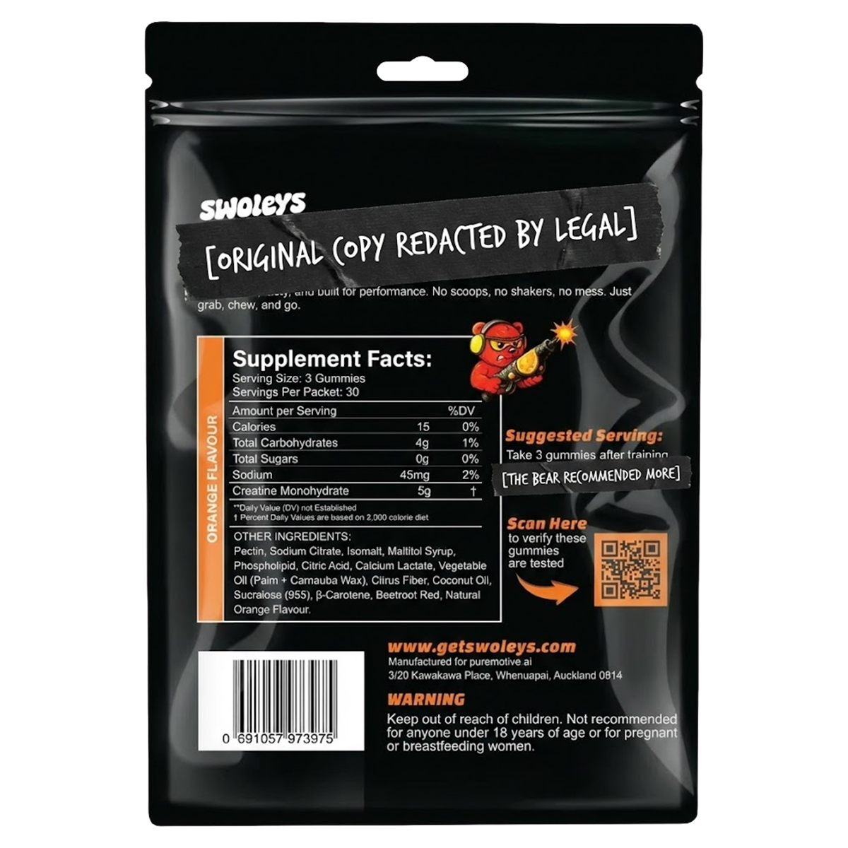 Swoleys Swoleys Sour Creatine Gummy Bullets back of pack