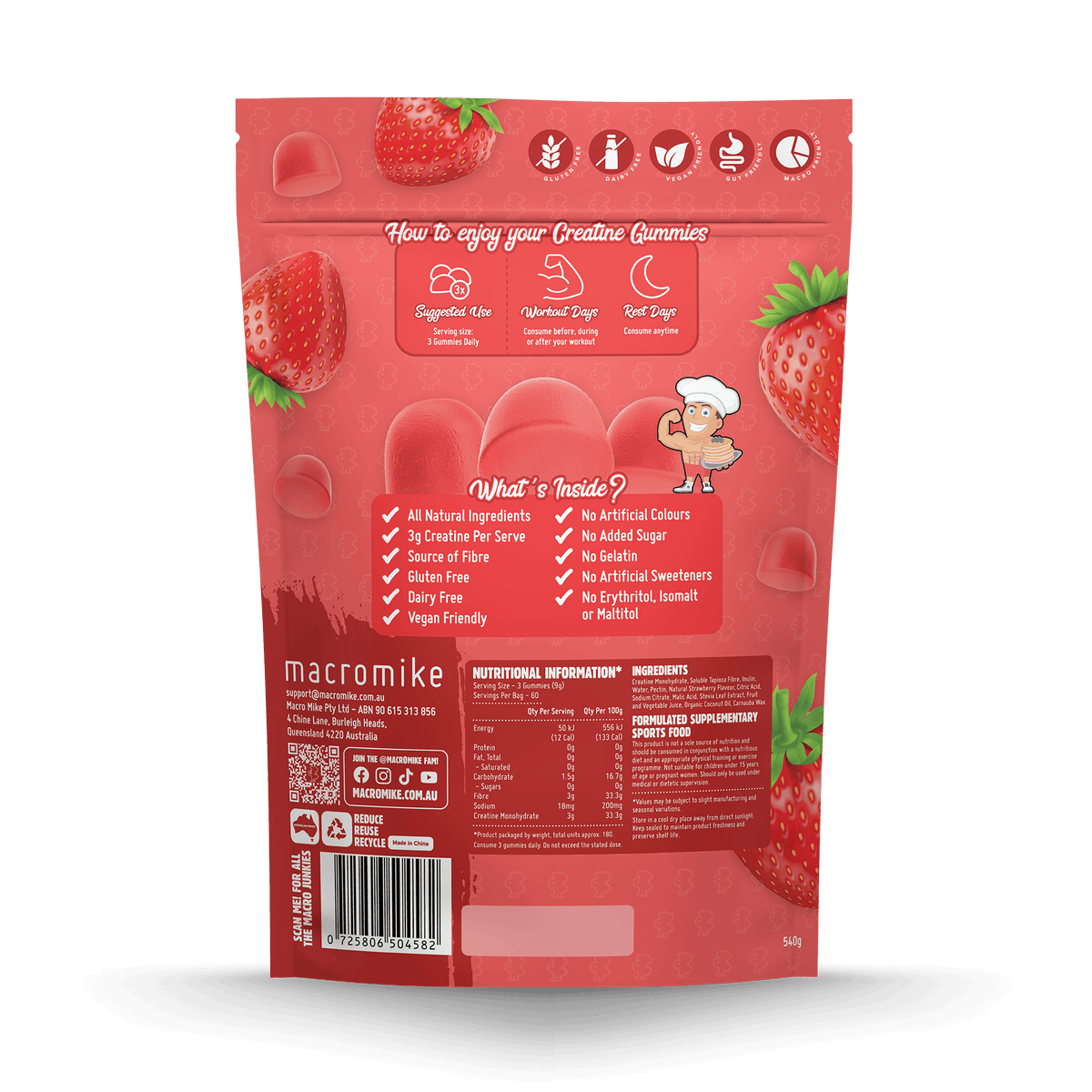 Macro Mike Creatine Gummies Juicy Strawberry 540g supplement facts and nutrition panel